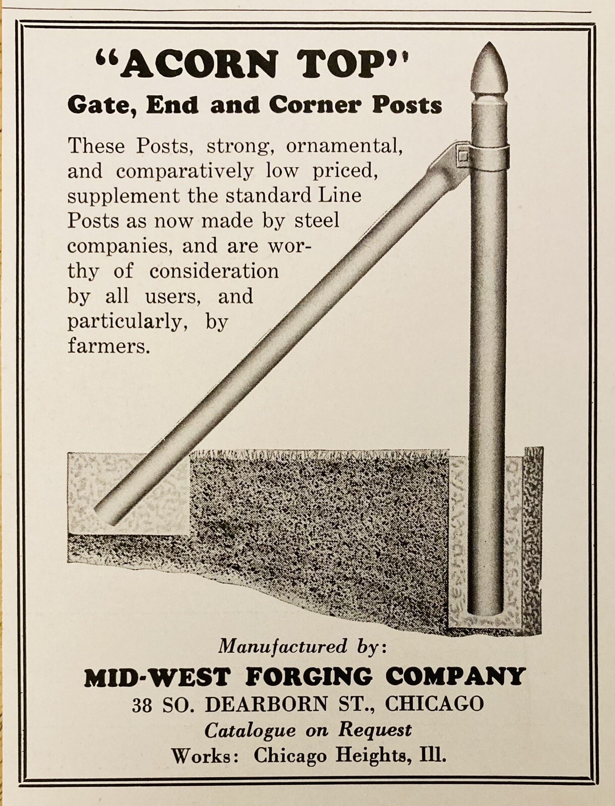 1936 AD.(XH80)~MID-WEST FORGING CO. DEARBORN ST. CHICAGO. “ACORN TOP” FENCE POST