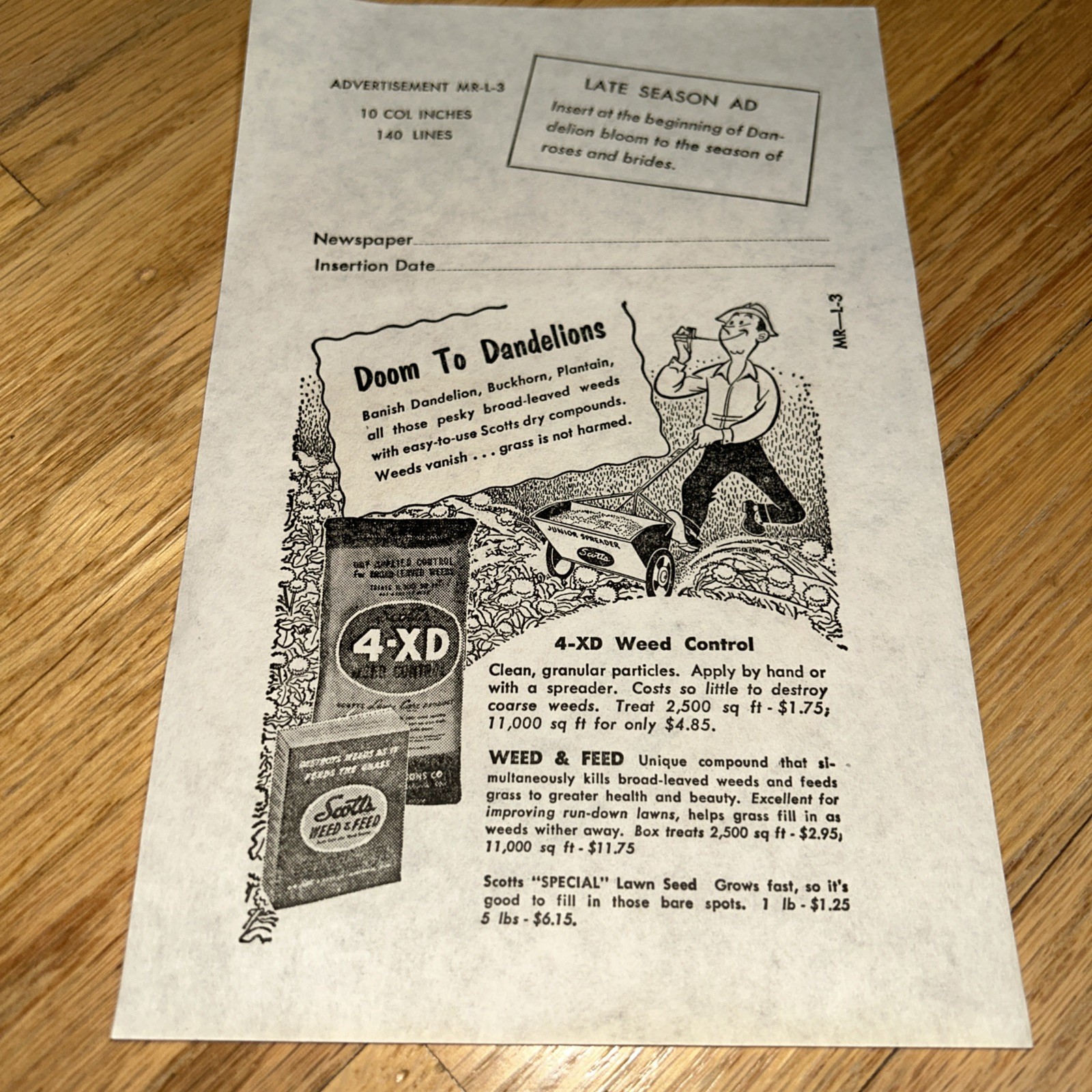1940s O.M SCOTT & SONS CO Newspaper Mat SCOTT&rsquo;S WEED CONTROL Marysville OHIO