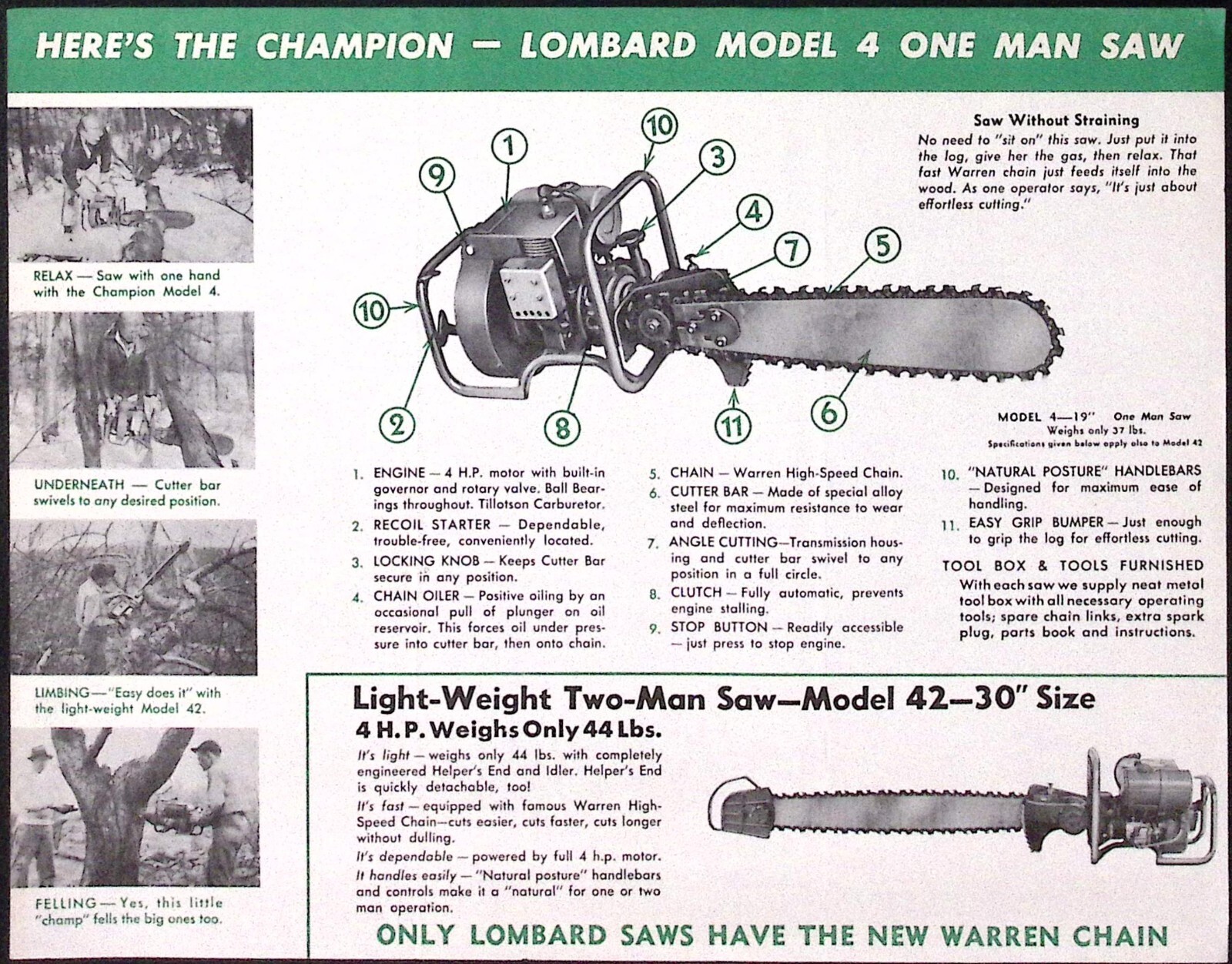1952 Lombard Model 4 One Man Model 42 Two Man Chain Saws Dealer Brochure