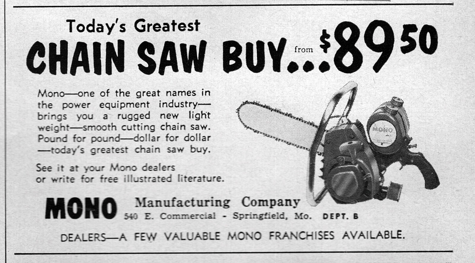 1959 Mono Manufacturing Chainsaw Original Print Ad