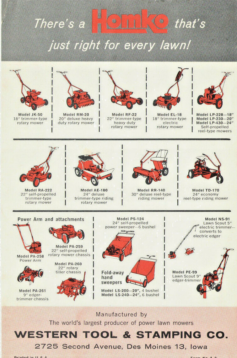 VINTAGE HOMKO &lsquo;SWEPT-LINE&rsquo; POWER MOWER BROCHURE! ONE SHEET! REEL & ROTARY MODELS