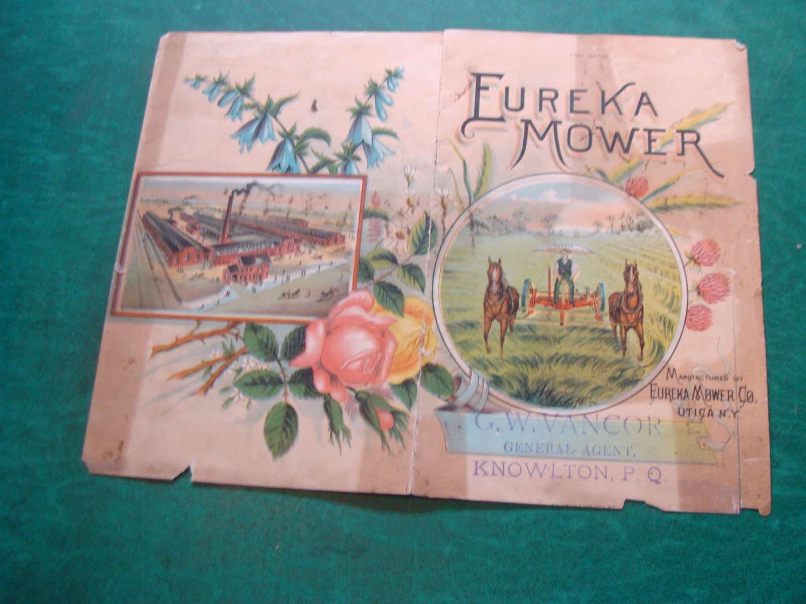 EUREKA MOWER trade card, DOUBLE SIZE & SIDED; taped as shown