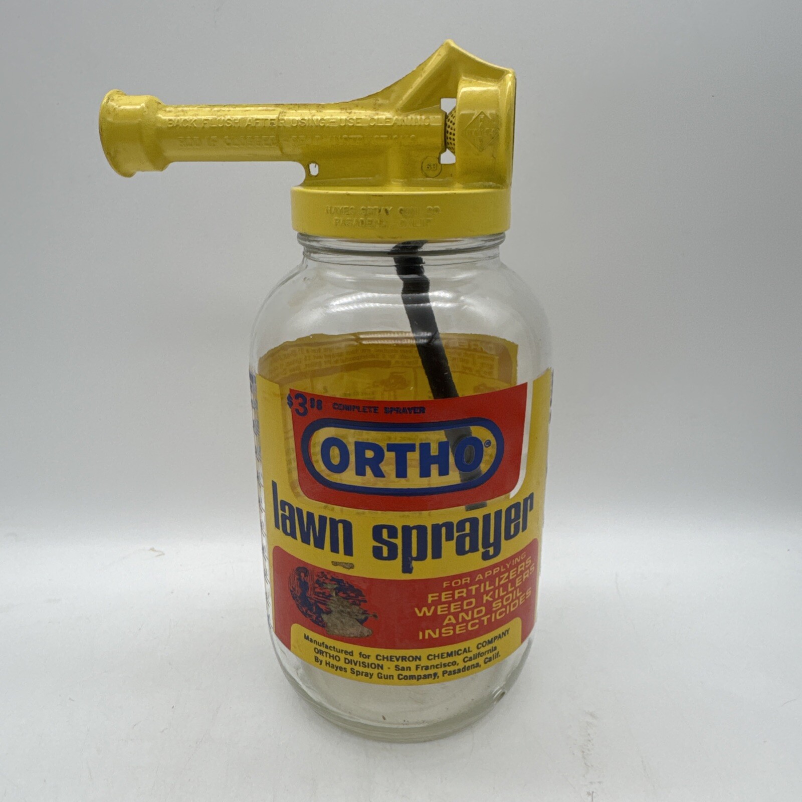 Vintage 1970 Ortho Lawn Sprayer Glass Jar Yellow Metal Lid 8&Prime; With Instructions