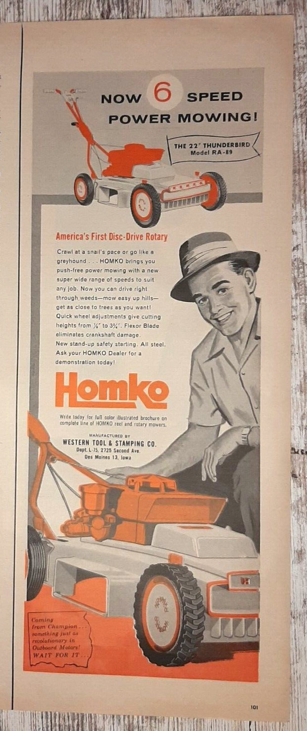 1959 Homko Vintage Print Ad Lawn Mower Grass Power Western Tool Des Moines IA