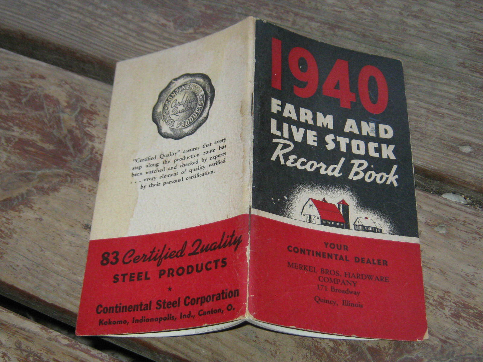 Used 1940 Farm & Livestock Record Book MERKEL Bros Hardware Co Quincy Illinois