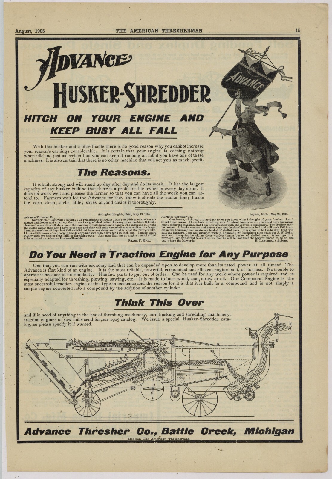1905 Advance Thresher Co. Ad: Husker-Shredder Cutaway View – Battle Creek, MI
