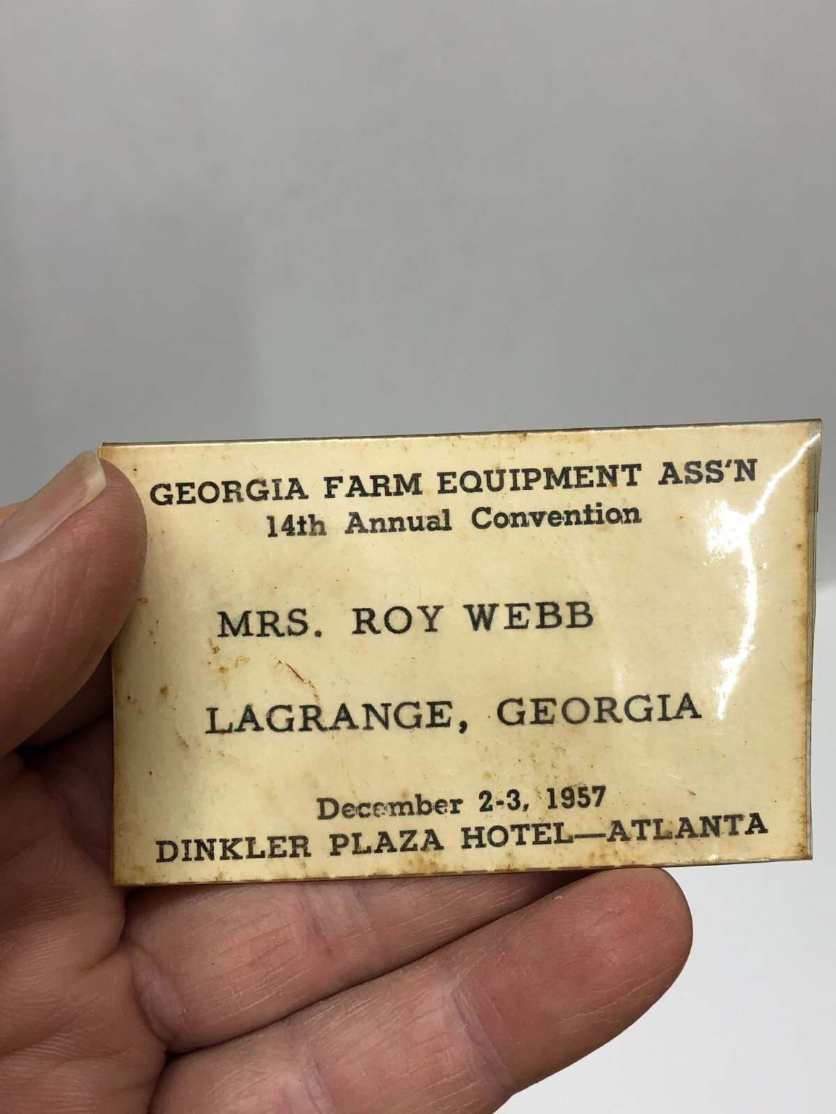 Georgia Farm Ass&rsquo;n 14th Annual Convention Name Tag 1957 Dinkler Plaza Hotel