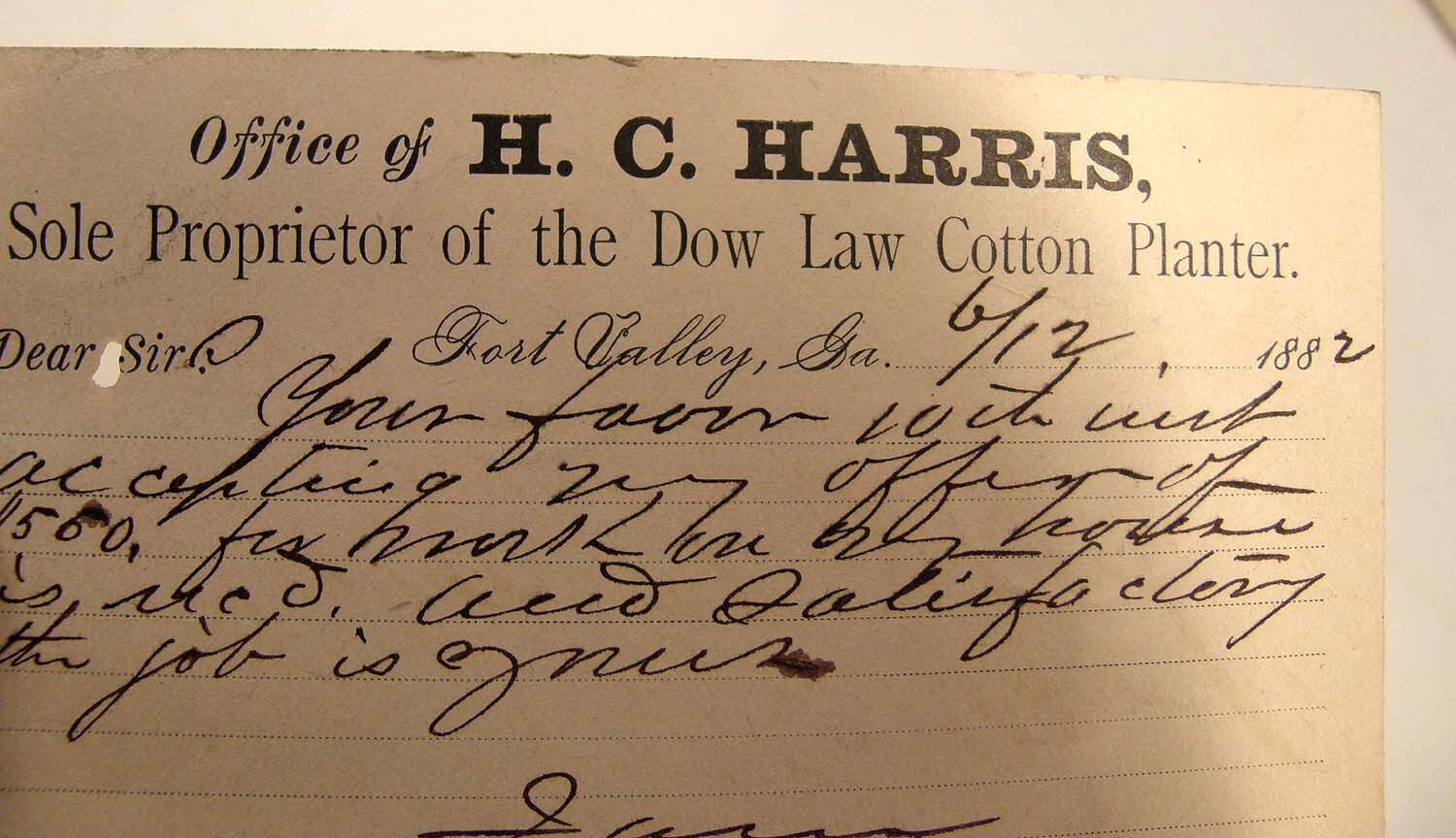 ANTIQUE 1882 POSTCARD H C HARRIS DOW LAW COTTON SEED PLANTER FORT VALLEY GA