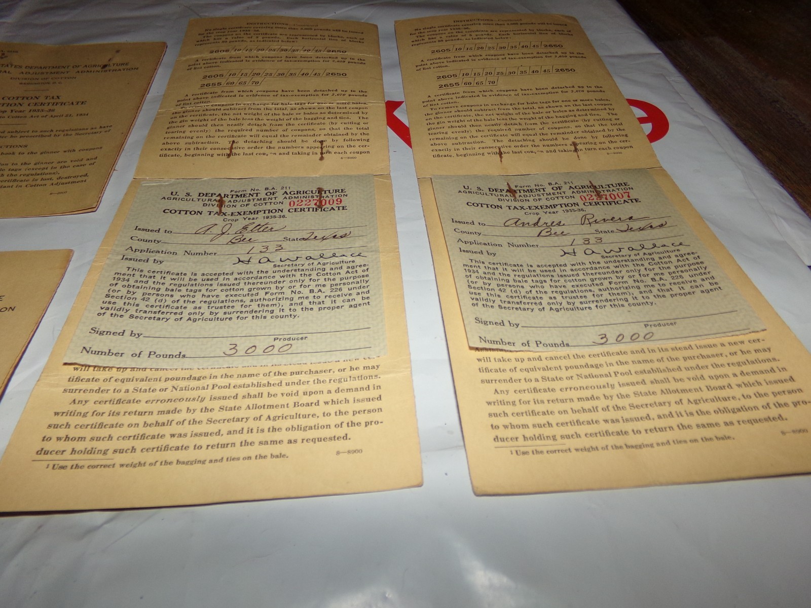 Lot 4 Vintage Agriculture Cotton taxes Exemption Certificates Bee County 1935/36