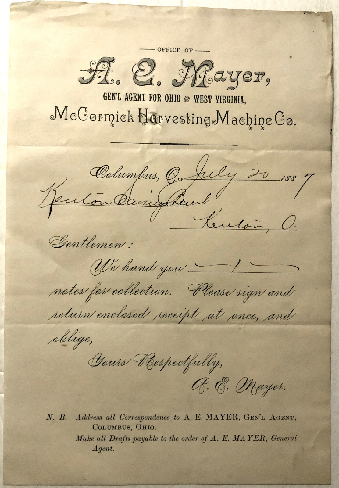 McCormick Harvesting Machine Co 1887 Memo A. E. Mayer General Agent Ohio & W.Va.