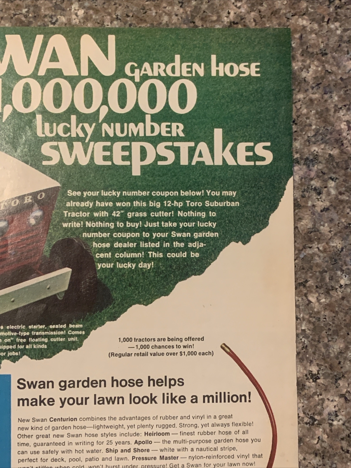 1968 Swan Centurion Garden Hose PRINT AD Win Toro Suburban Mower Tractor VTG 60s