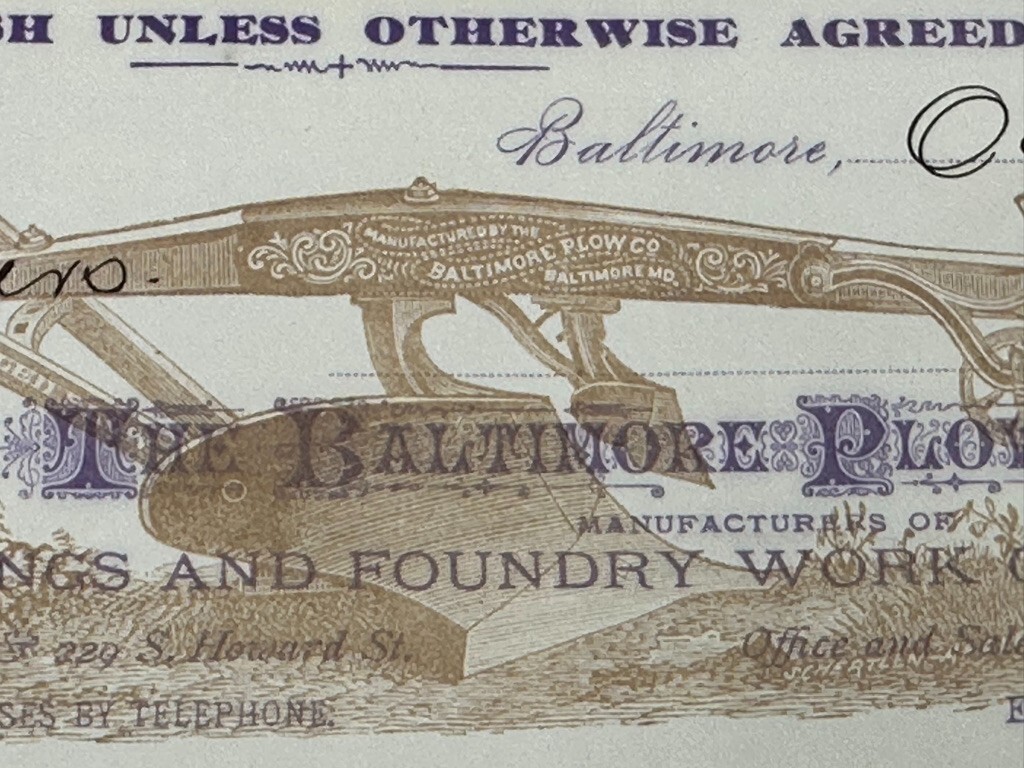 1881 BALTIMORE PLOW Co Antique Illustrated FARM Advertising Billhead MD