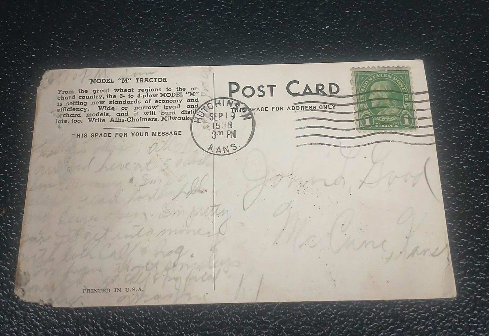 Vintage 1900S Orange Model M Allis Chalmers Tractor Plowing Field Farm Postcard