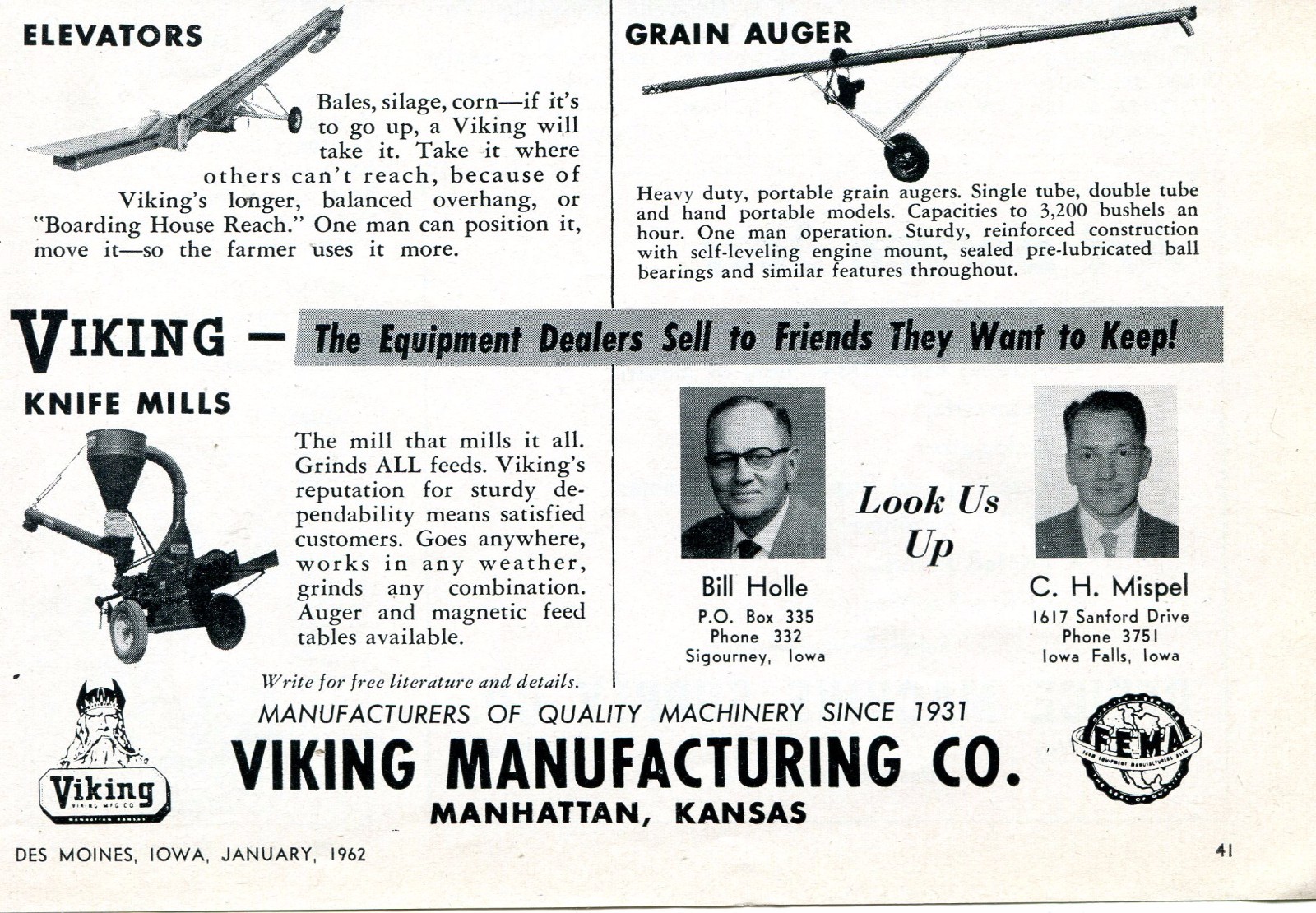 1962 Dealer Print Ad Viking Manufacturing Farm Elevators Grain Auger Knife Mills
