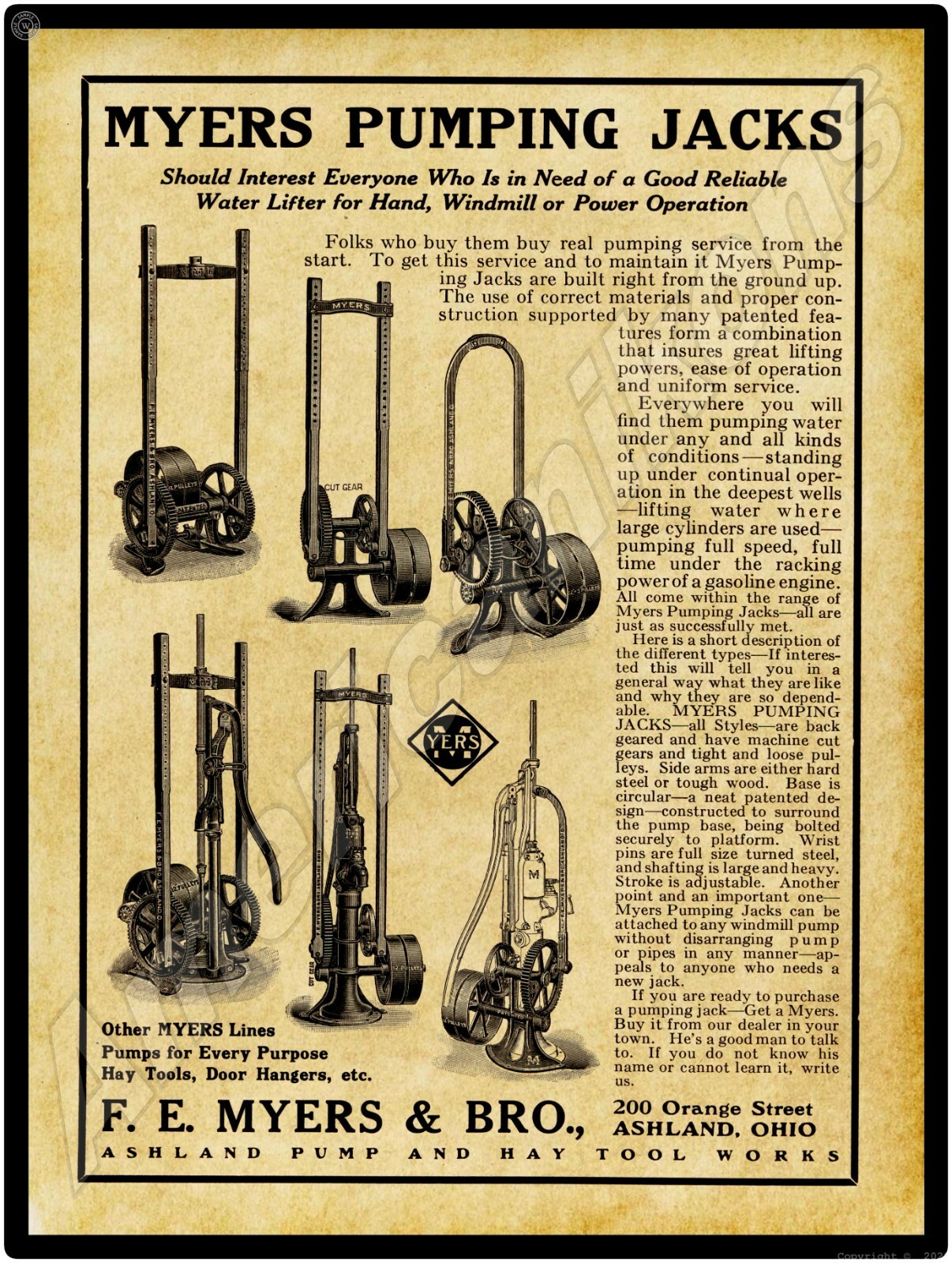 1915 Myers Pumping Engines of Ashland, OhiO New Metal Sign: Large Size