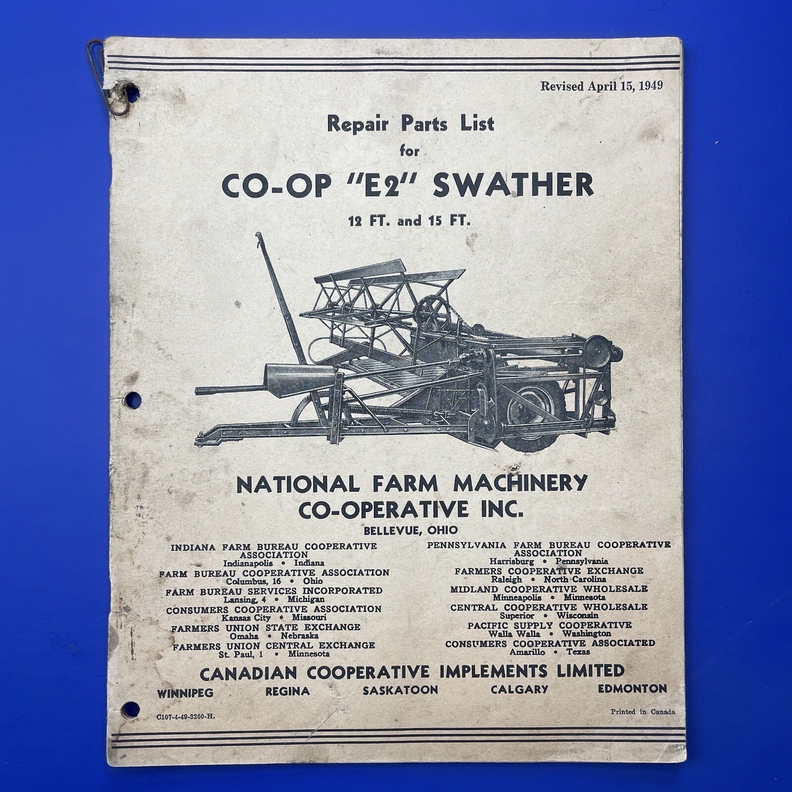 Vintage 1949 CO-OP Cockshutt E2 Swather Repair Parts List 12 ft & 15 ft
