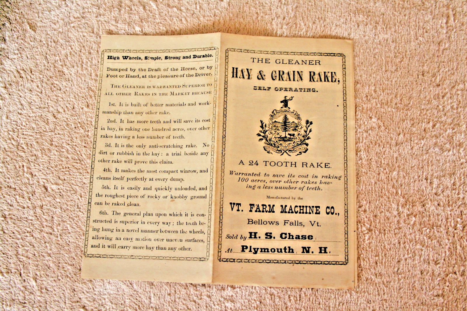 GLEANER HAY & GRAIN RAKE 1883