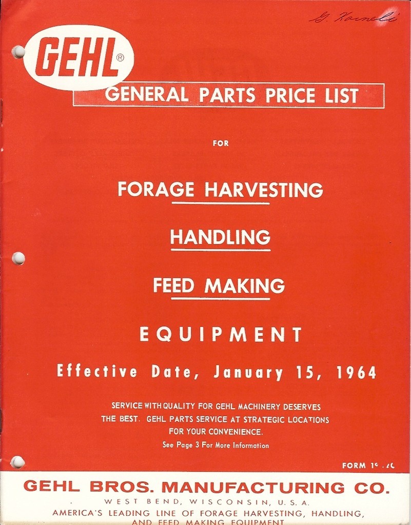 Farm Manual – Gehl – General Parts Price List – Forage Harvesting – 1964 (FM187)