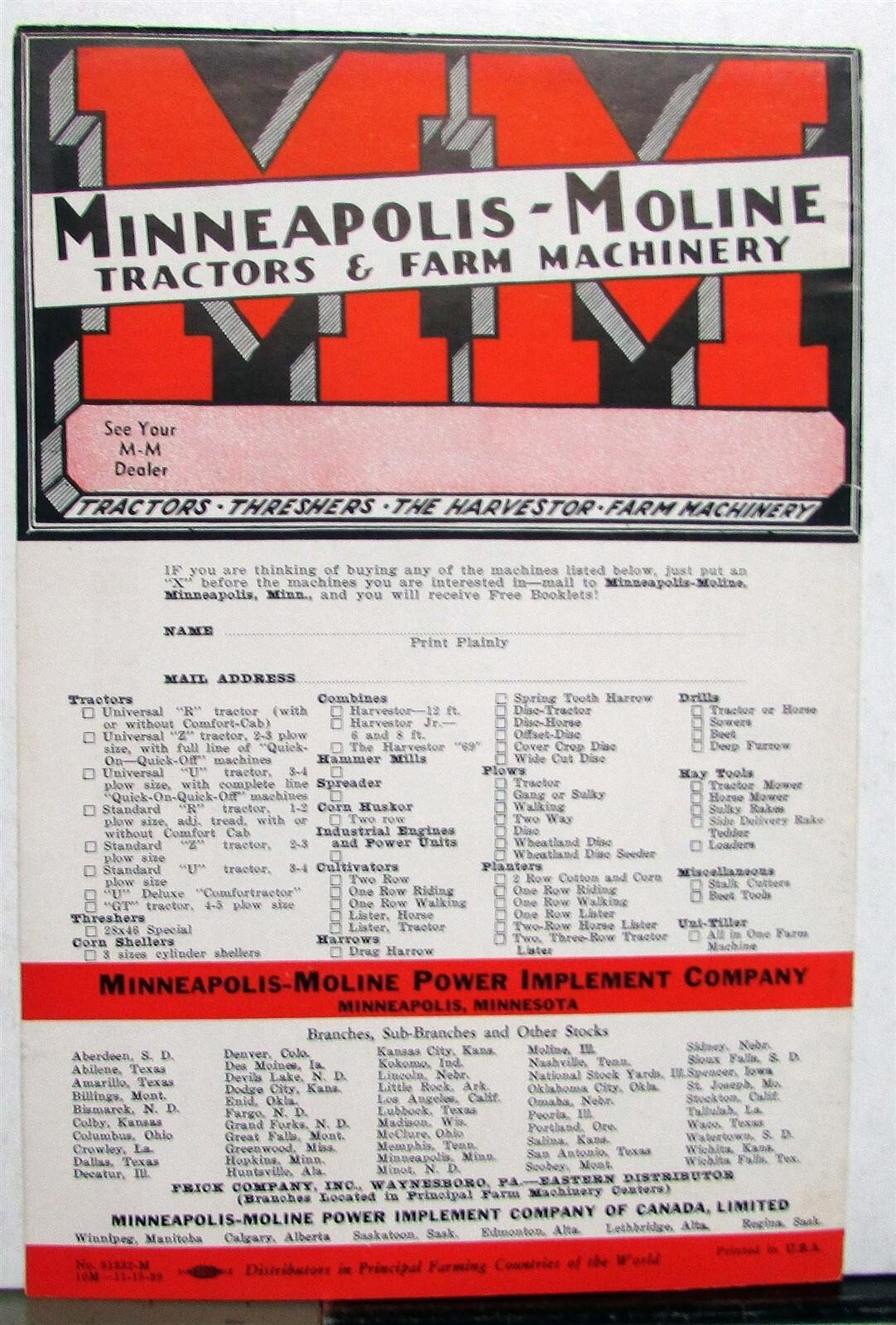 1940 Minneapolis Moline World Champion Corn Planters Specs Agricultural Folder