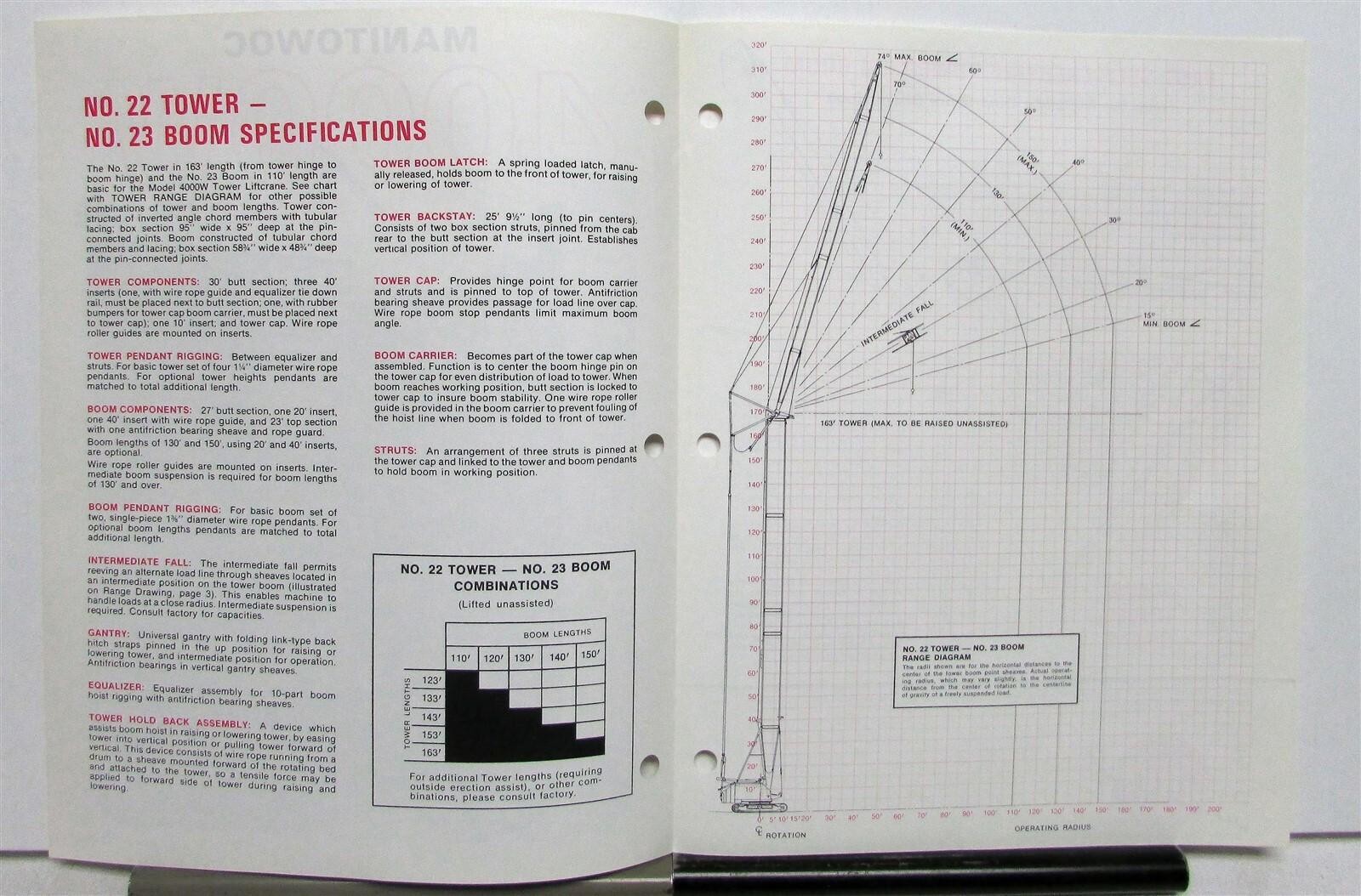 1970s Manitowoc 4000W Tower Crane Specifications Construction Sales Brochure