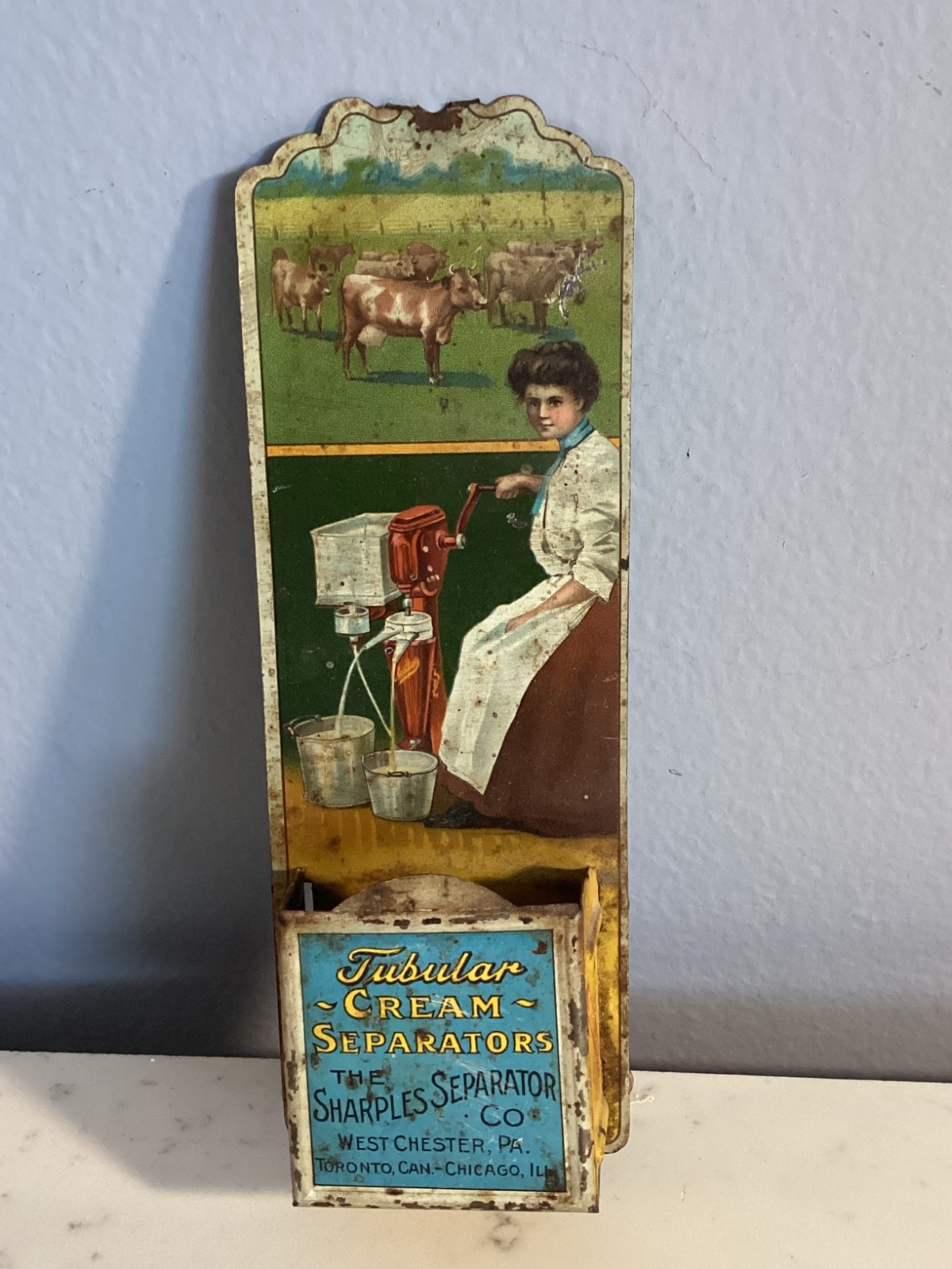 ANTIQUE SHARPLES TUBULAR CREAM SEPARTORS CO. MATCH HOLDER TIN MUST SEE NO RES