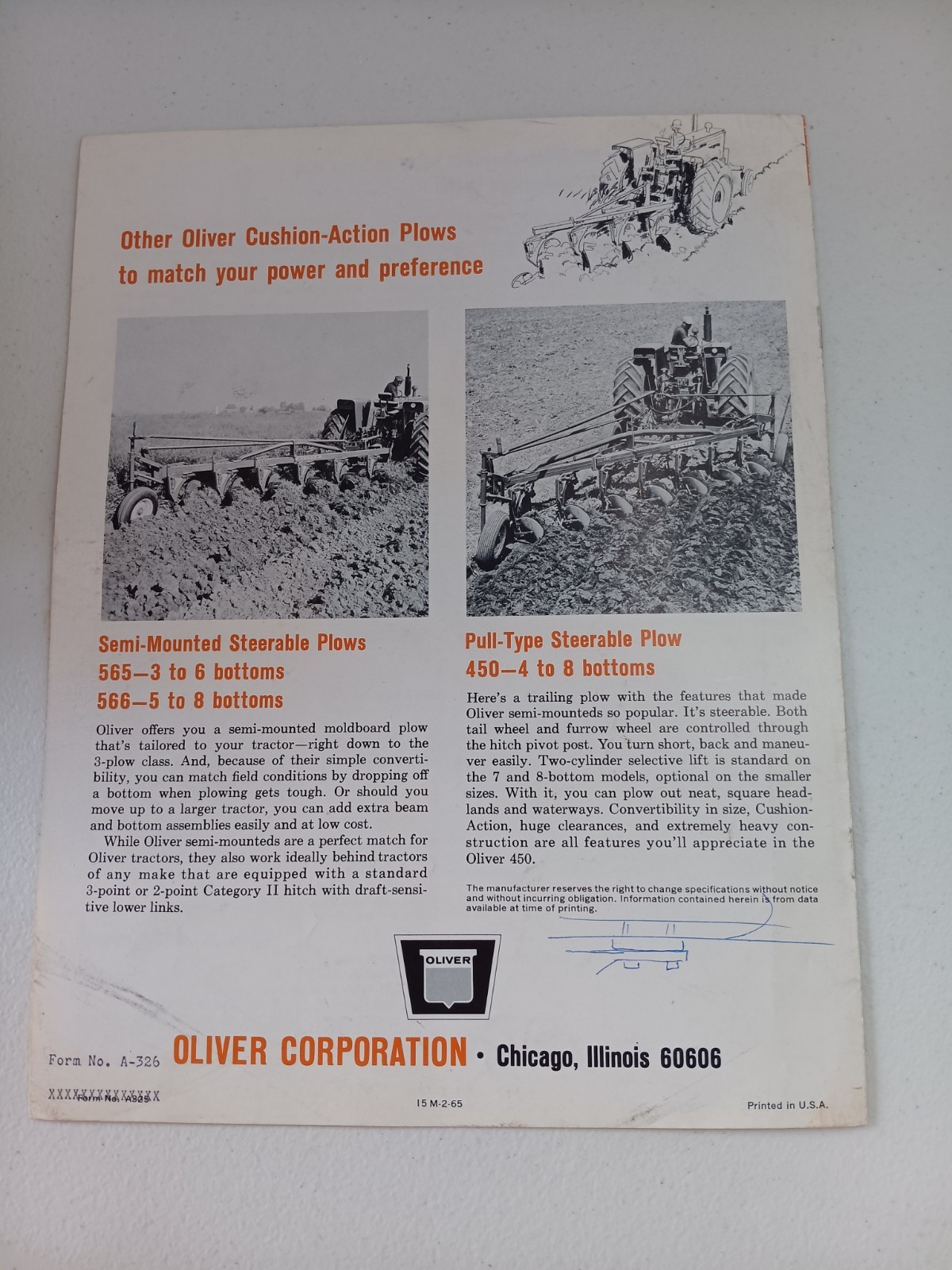 Oliver 365 Mounted Plows3, 4, 5 Bottoms Tractor Dealers Sales Brochure 1966