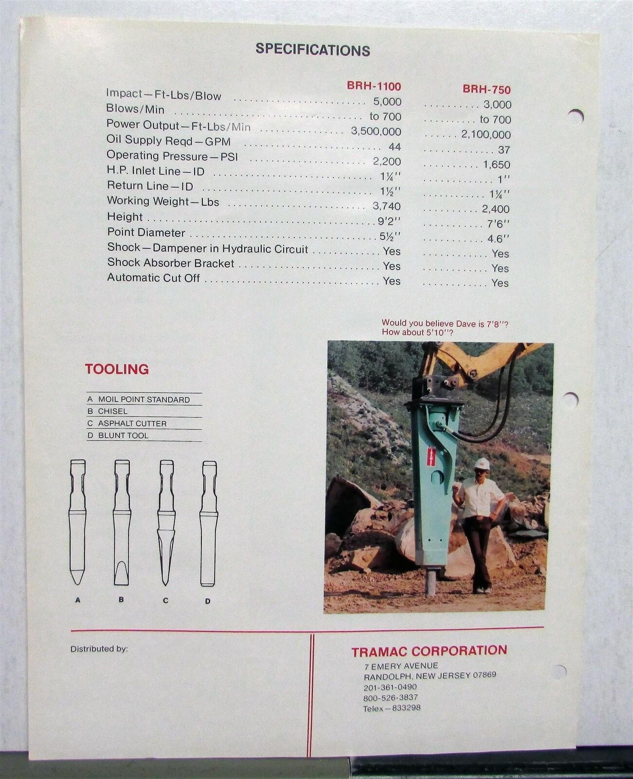 1970s Tramac Happy Hammers BRH-750 BRH-1100 Construction Sales Data Sheet