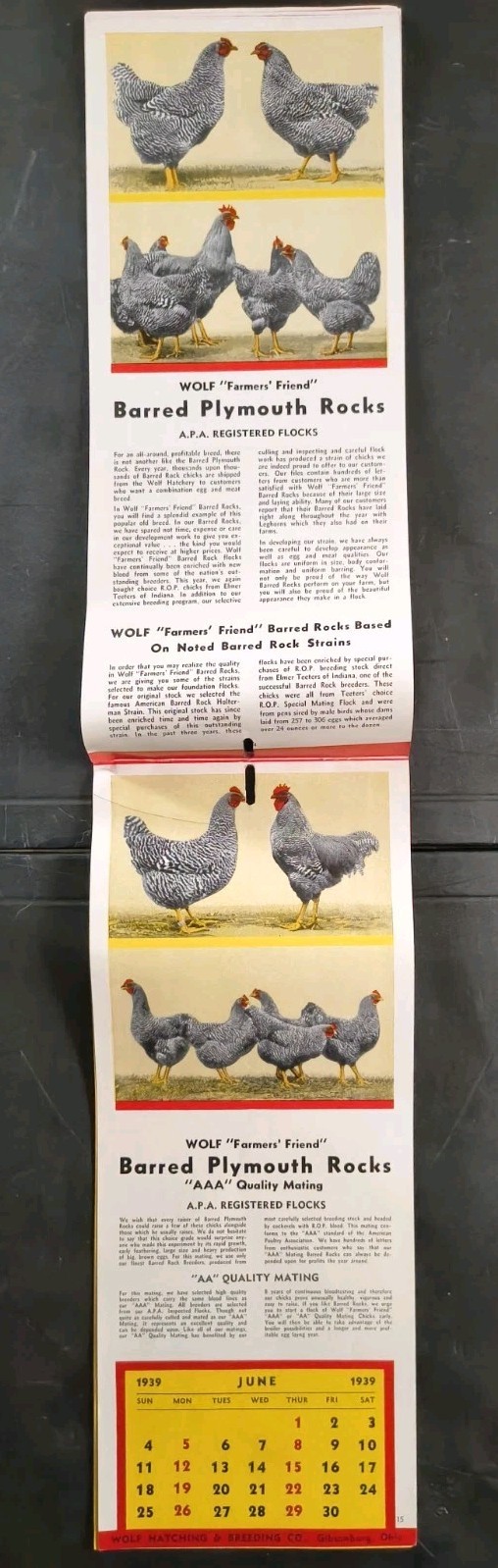 1939 Wolf Baby Chicks Catalog Calendar Sale Brochure Chicken Farming Advertising