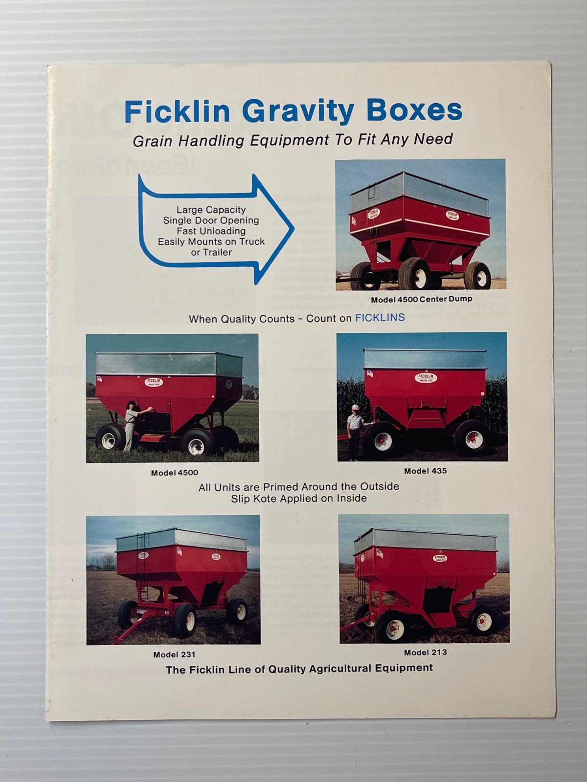 1980s Ficklin Gravity Boxes – Original Dealer Sales Brochure (Dated 1970s / 80s)