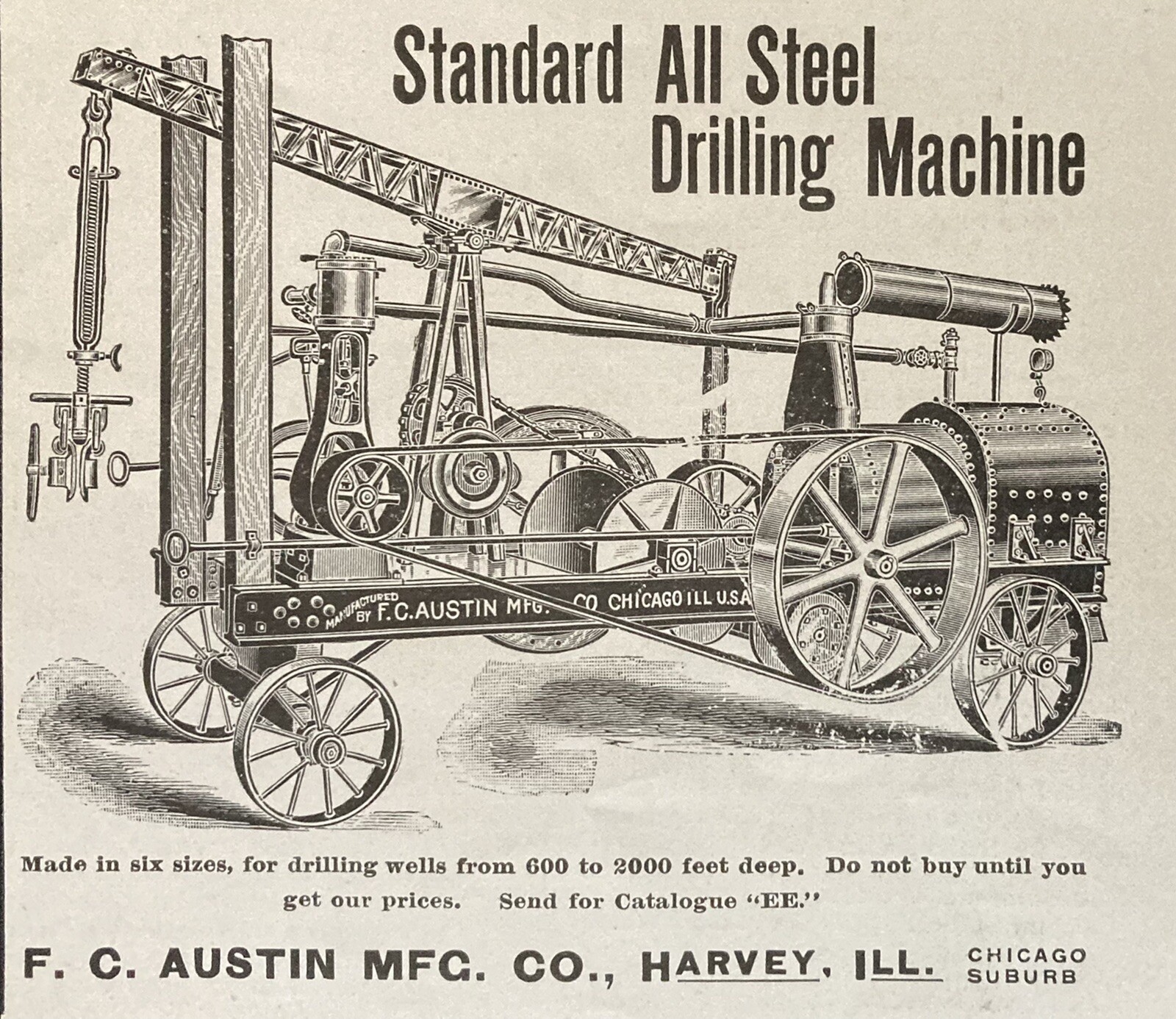 1898 AD(XH24)~F.C. AUSTIN MFG. CO. HARVEY, ILL. ALL STEEL DRILLING MACHINE