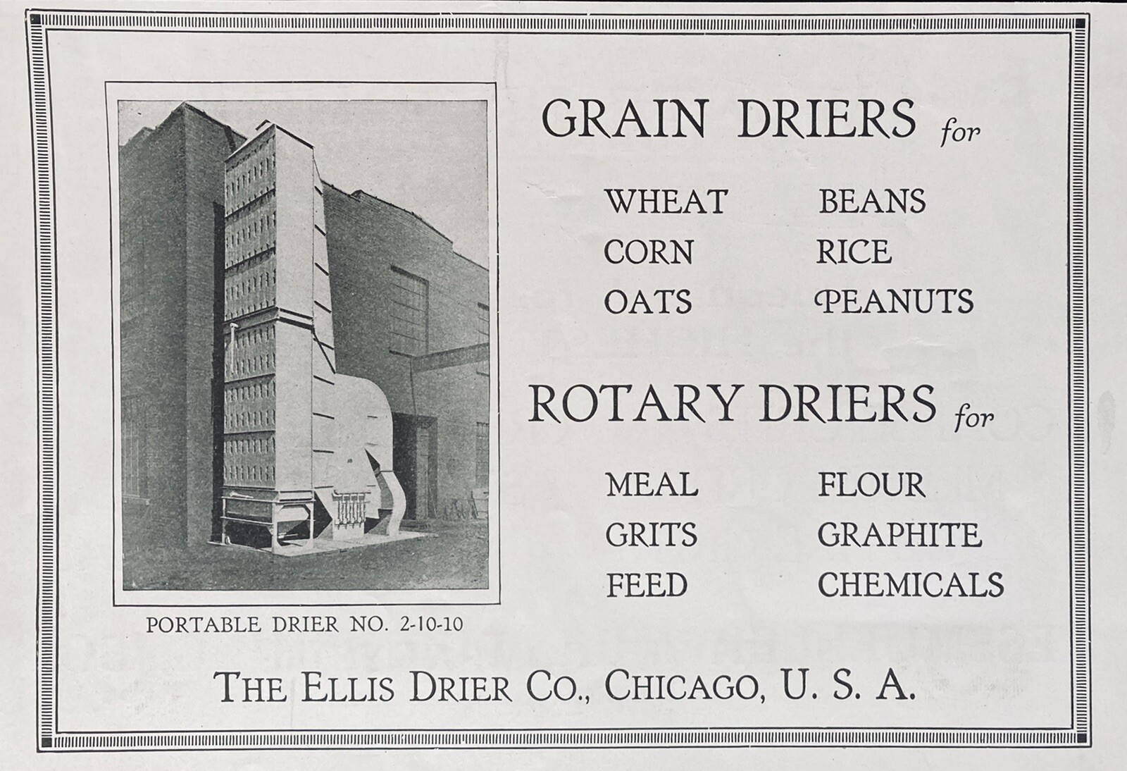 1919 AD.(XG18)~THE ELLIS DRIER CO. CHICAGO. GRAIN MILL DRIERS