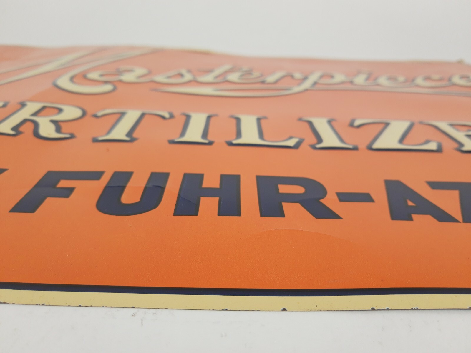 VINTAGE 1920s *MASTERPIECE FERTILIZER * CALIFORNIA AGRICULTURE EMBOSSED TIN SIGN