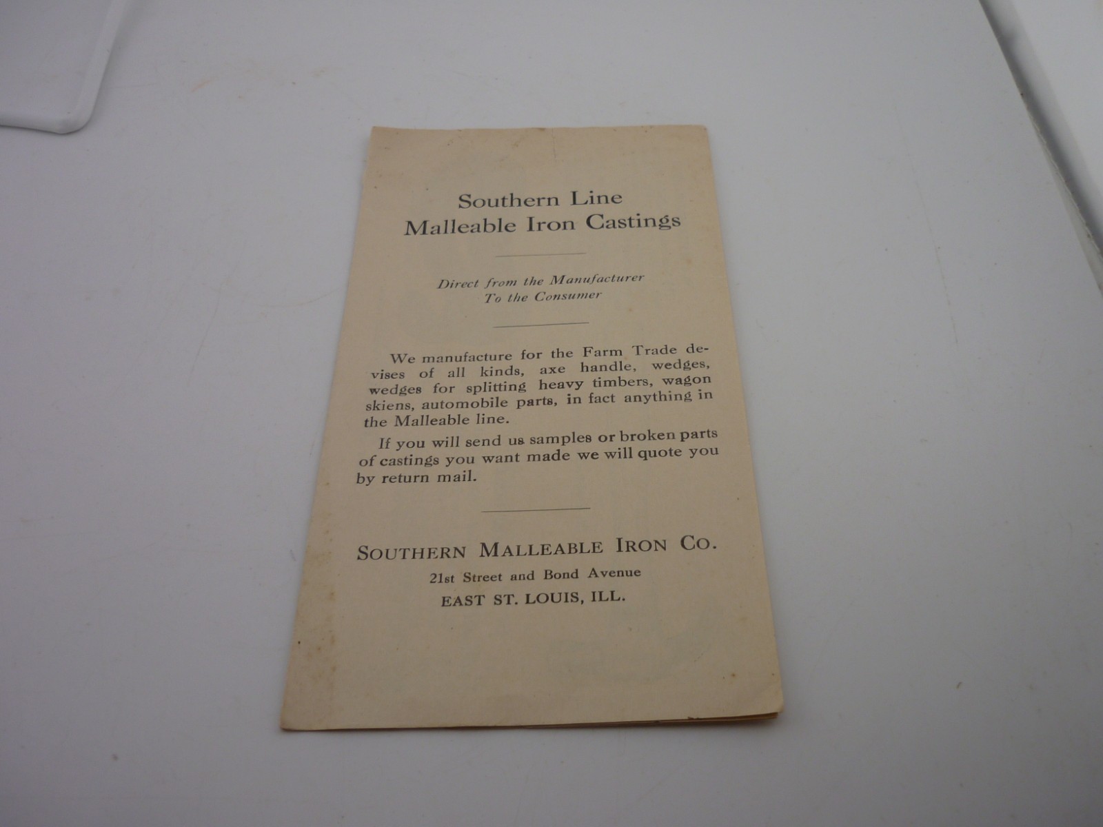 1920s Southern Malleable Iron Co Farm Hardware Trade Catalog Order Blank IL