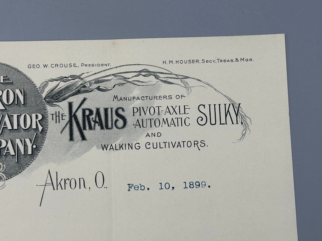 1899 AKRON CULTIVATOR Kraus Sulky OHIO Farm Advertising Antique Letter