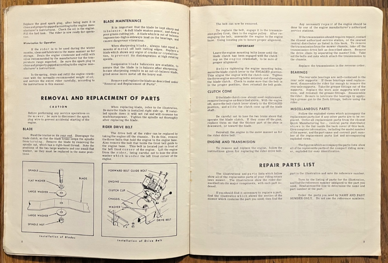 Springfield 1964 Riding Lawn Mower 64CR instruction/parts manual Quick Mfg Co