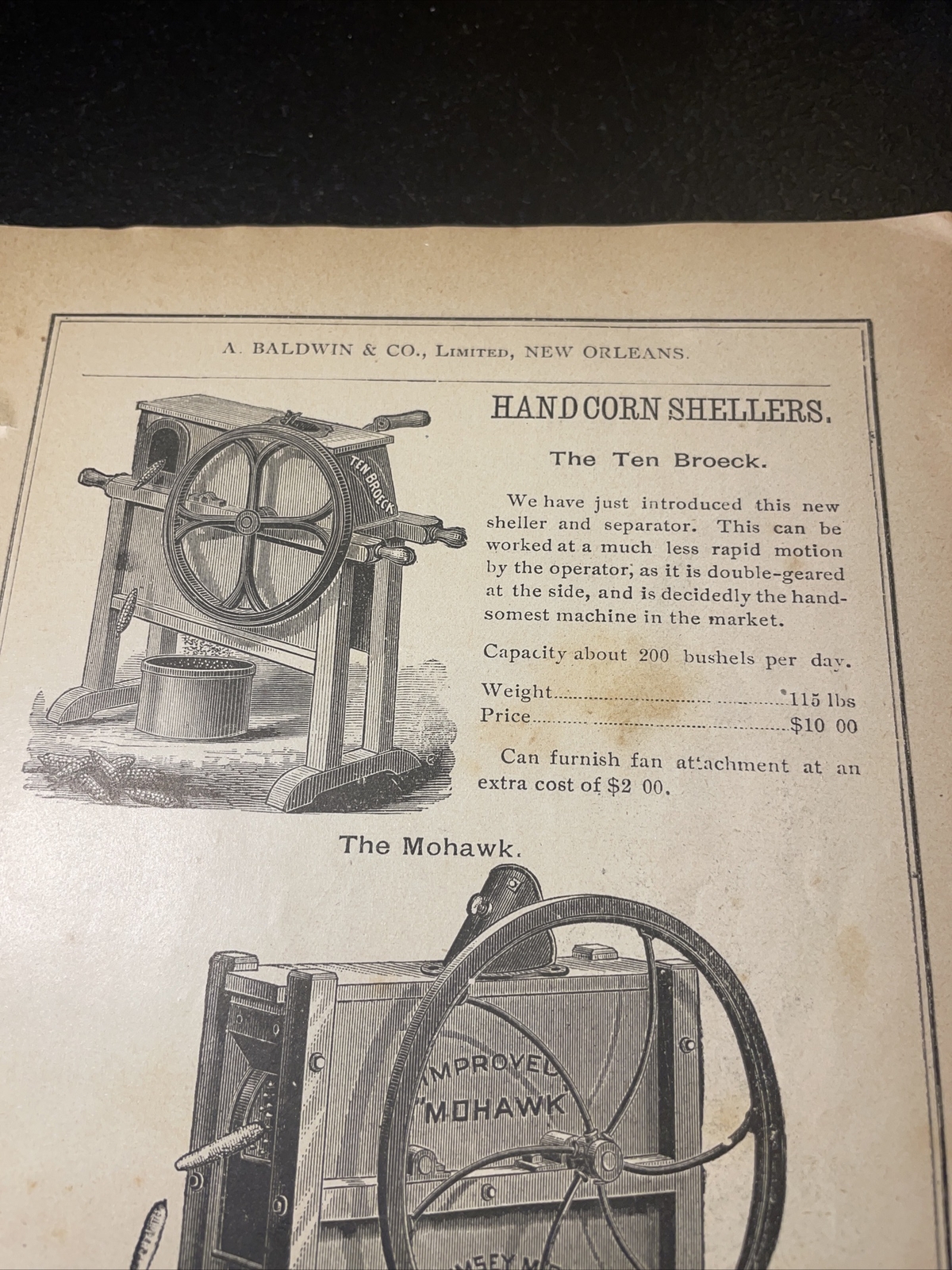 1891 Baldwin – Mohawk Corn Sheller (St. Louis) – Farm Advertising – New Orleans