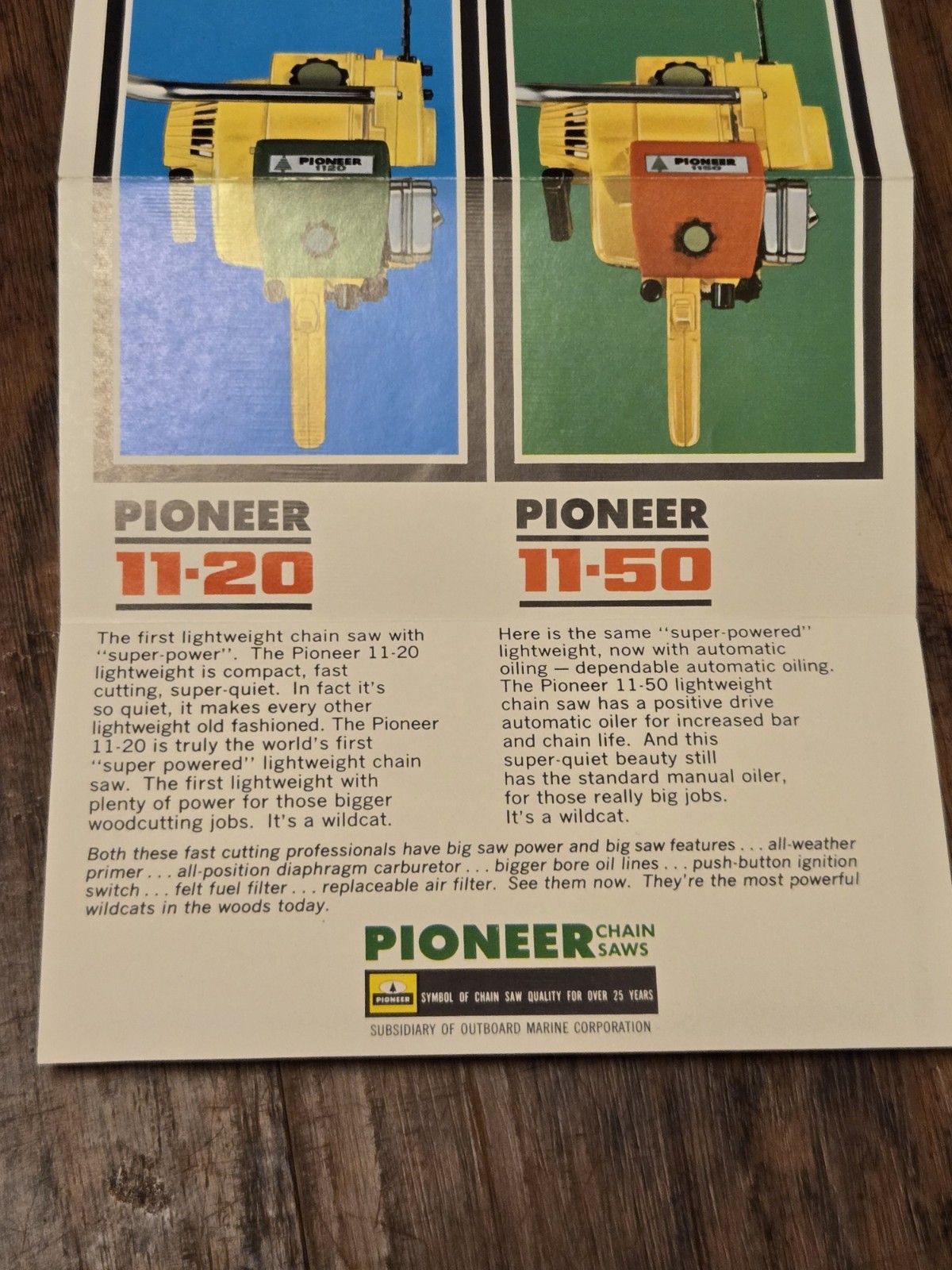 Vintage 1960&rsquo;s OMC Made Pioneer Chainsaw Brochure For 11-20 & 11-50 « Wildcats »