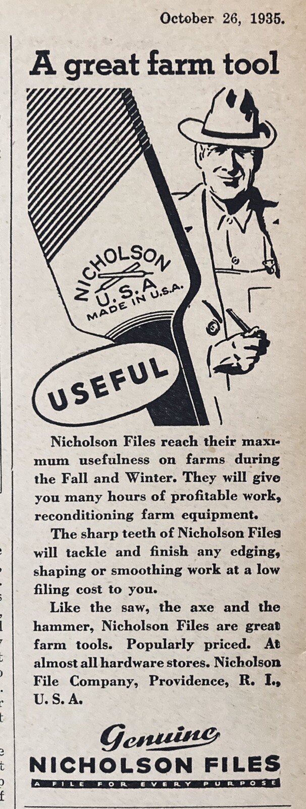 1935 AD.(XH18)~NICHOLSON FILE CO. PROV., RI. FILE TOOLS FOR THE FARM