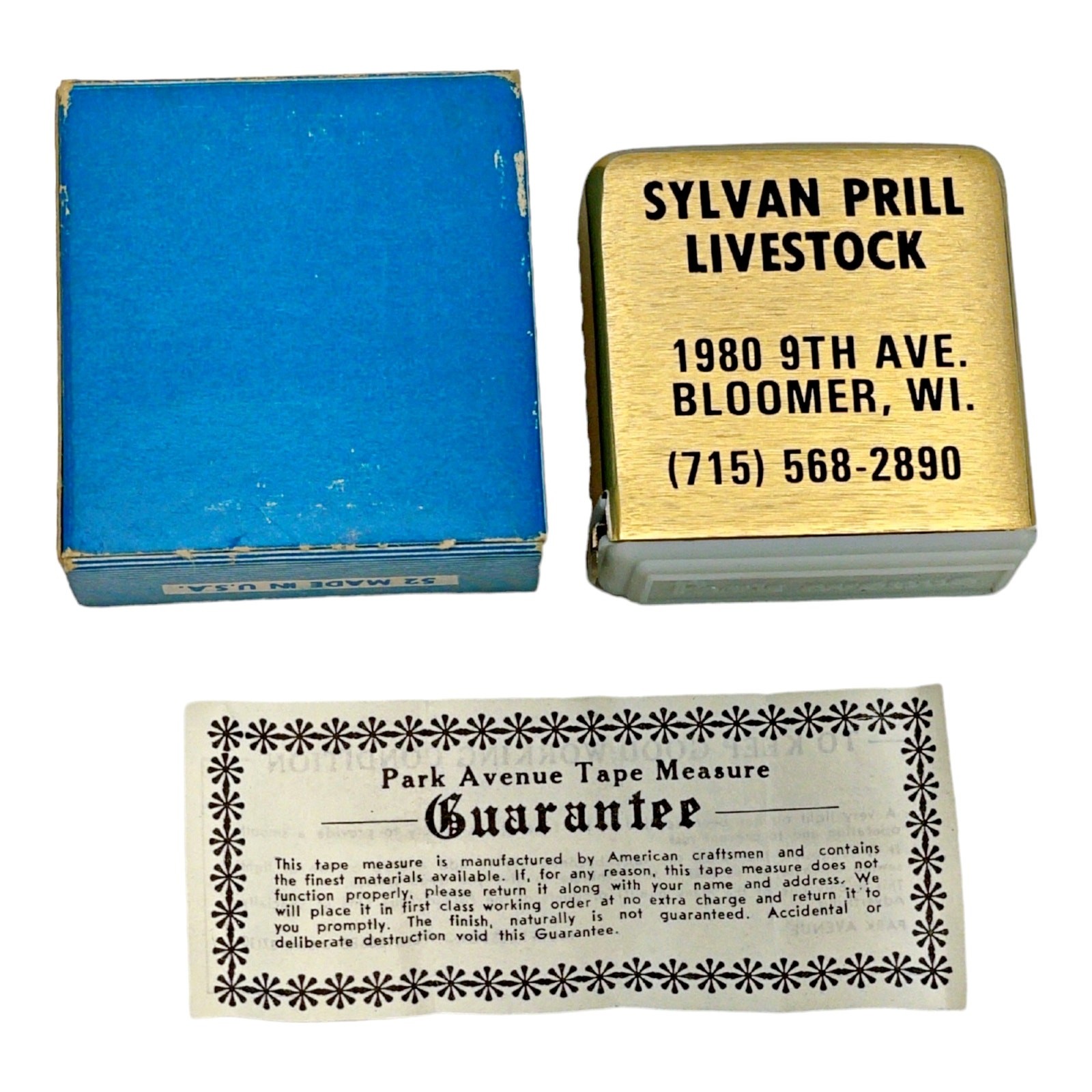 Vintage Sylvan Prill Livestock Bloomer Wisconsin Tape Measure Brushed Gold