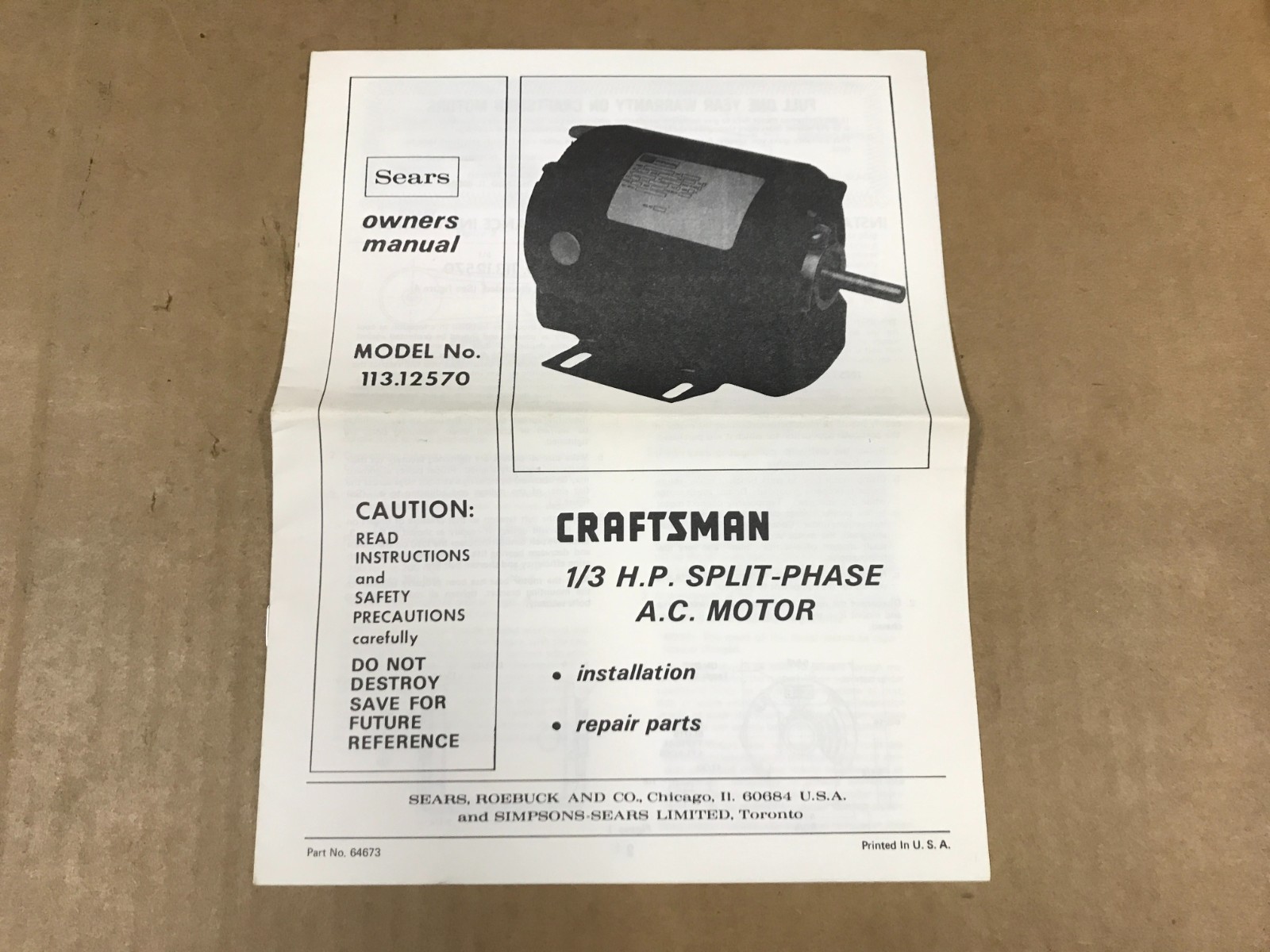 Vintage Sears Model 113.12570 Craftsman 1/3 HP Split-Phase AC Motor Manual