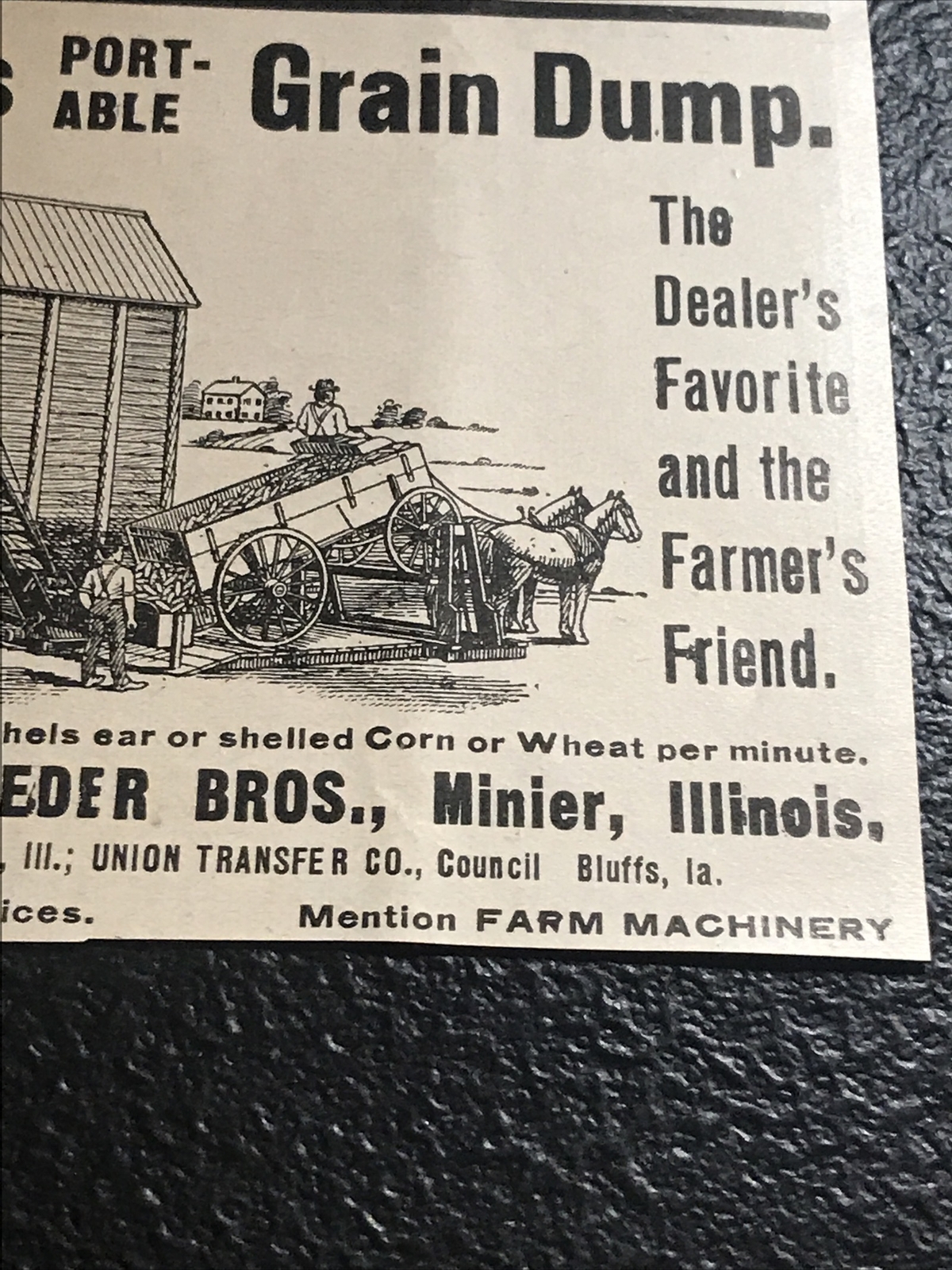 1907 Schroedre’s Grain Dump Farm Engraving Advertising – Minier – Illinois