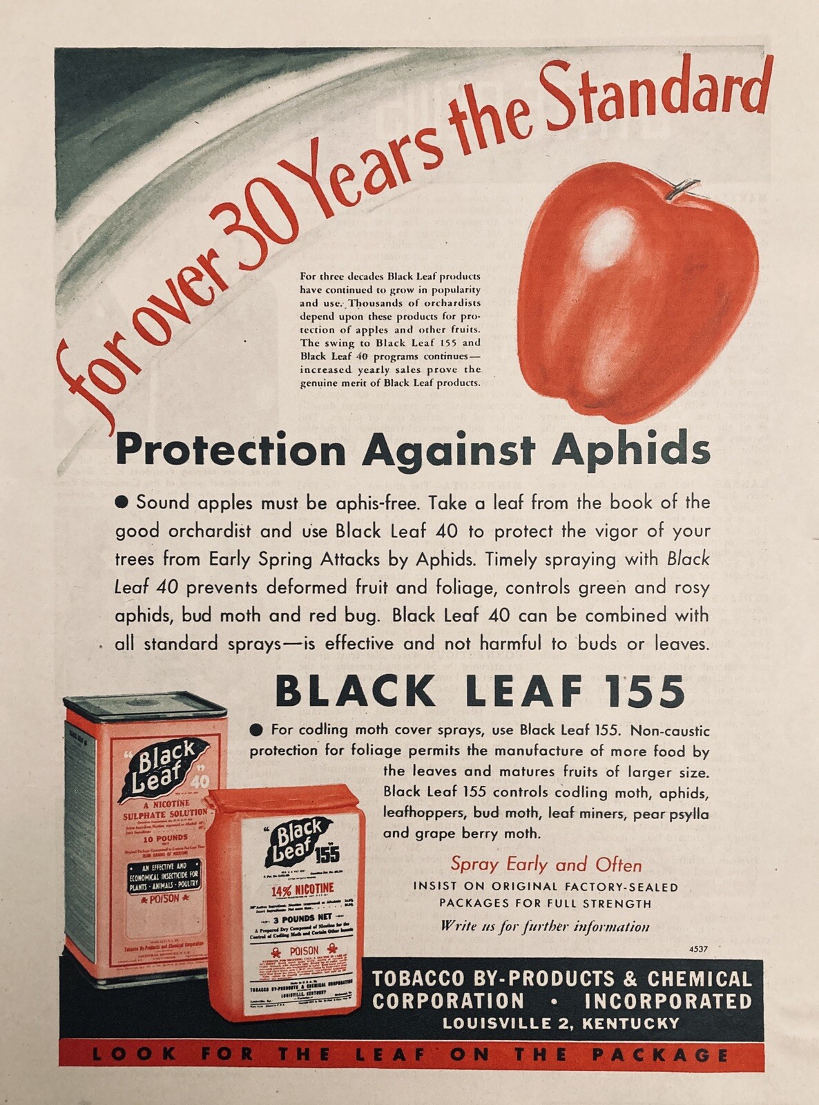 1945 AD.(XF9)~TOBACCO BY-PRODUCTS CO. LOUISVILLE, KY. BLACK LEAF 155 INSECTICIDE