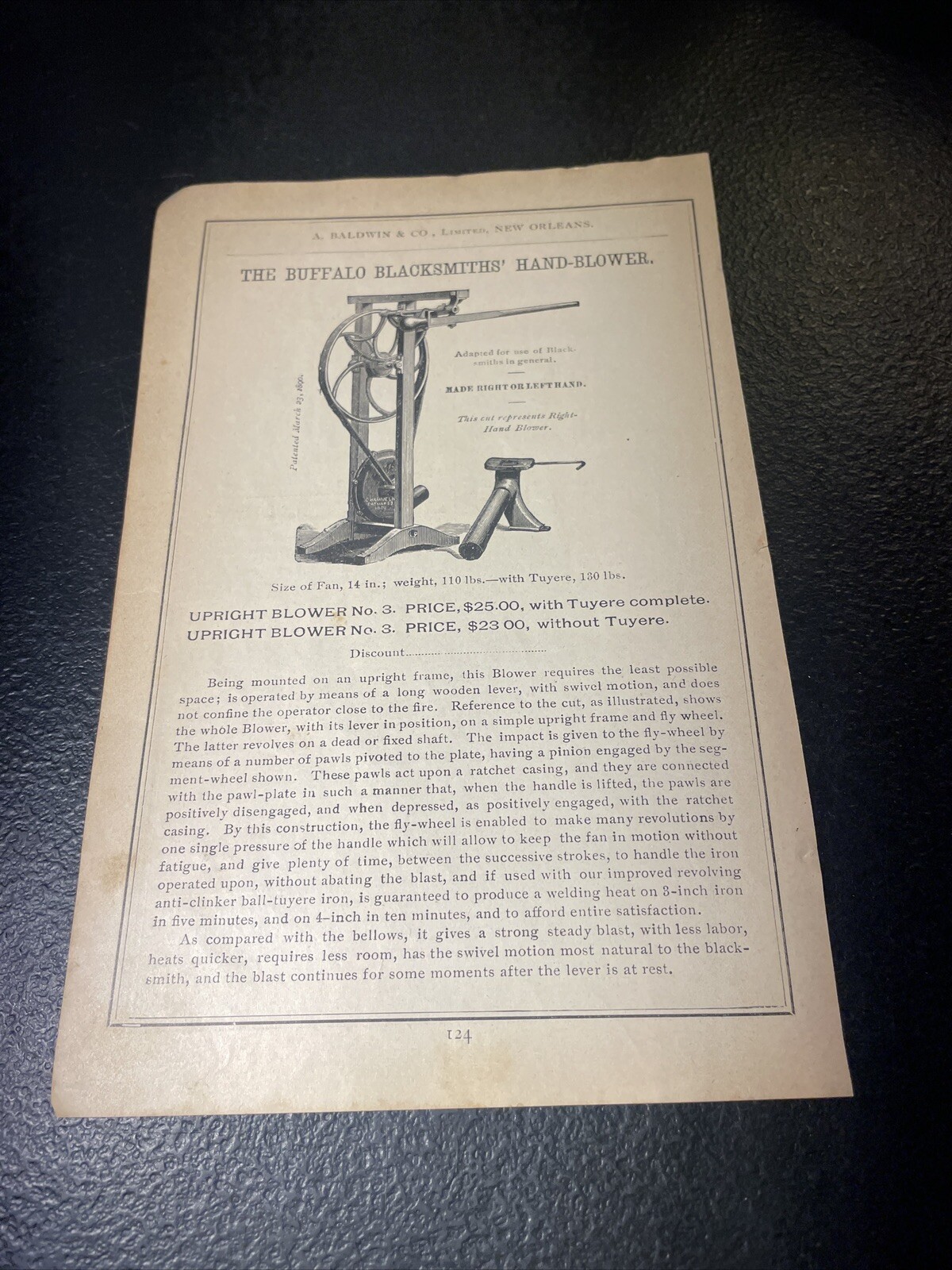 1891 Baldwin – Blacksmith Buffalo Hand Blower – Farm Advertising – New Orleans