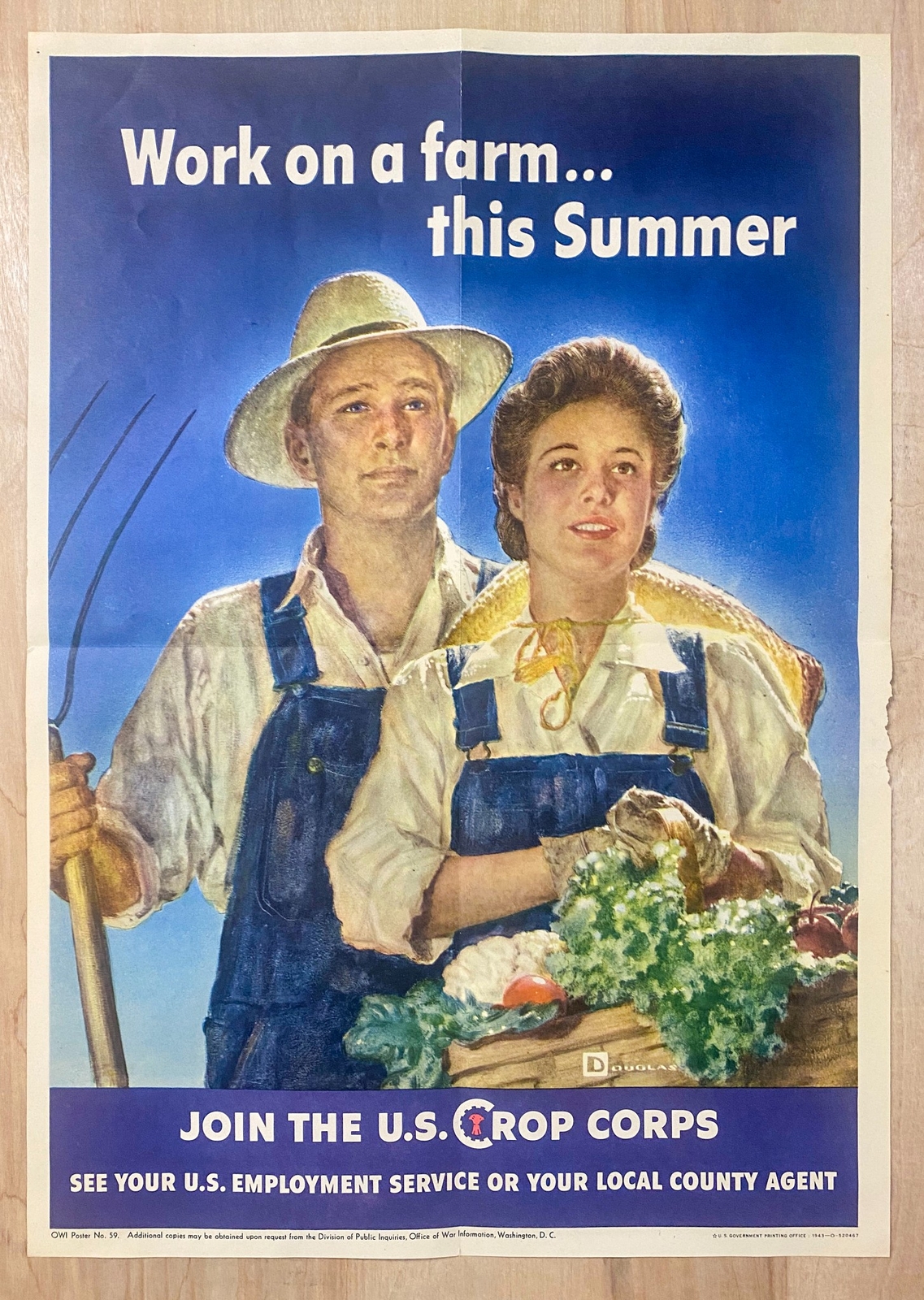 1943 Work On A Farm This Summer U.S. Crop Corps Poster Morgan Douglas WWII ORIG.