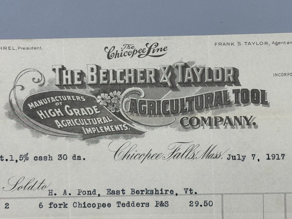 1917 BELCHER & TAYLOR Agricultural Tool FARM Plow Billhead CHICOPEE FALLS MA