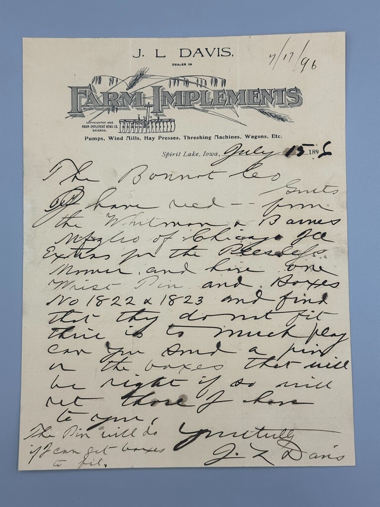 1896 DAVIS FARM IMPLEMENTS Thresher Antique Advertising Letter SPIRIT LAKE IOWA