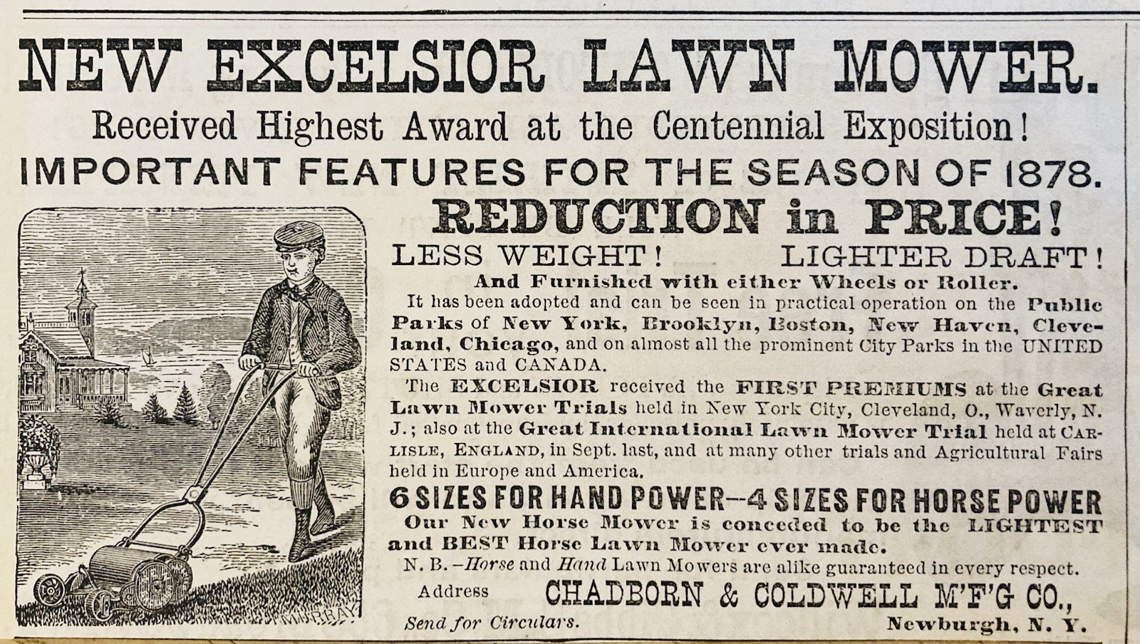 1878 AD.(XH87)~CHADBORN & COLDWELL MFG. CO. NEWBURGH, NY. EXCELSIOR LAWN MOWER