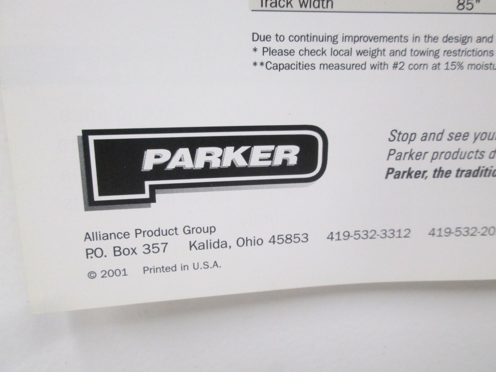 Parker Grain Wagons 405 505 605 Sales Brochure Specifications Agriculture 2001