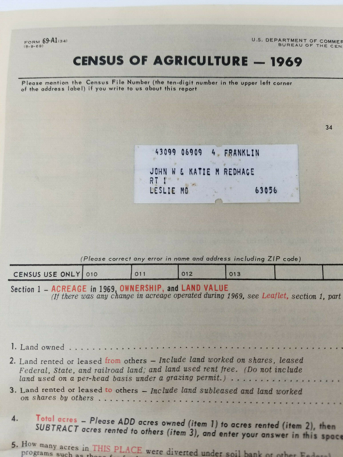 Federal United States Census of Agriculture Commerce 1969 Form 69-A1 and Manuals