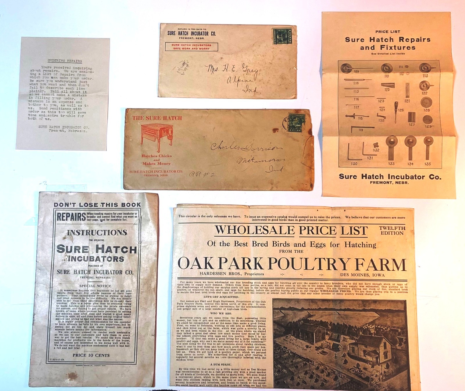 RARE COLLECTION 1920 OAK PARK POULTRY FARM DOCUMENTS + SURE HATCH INCUBATORS